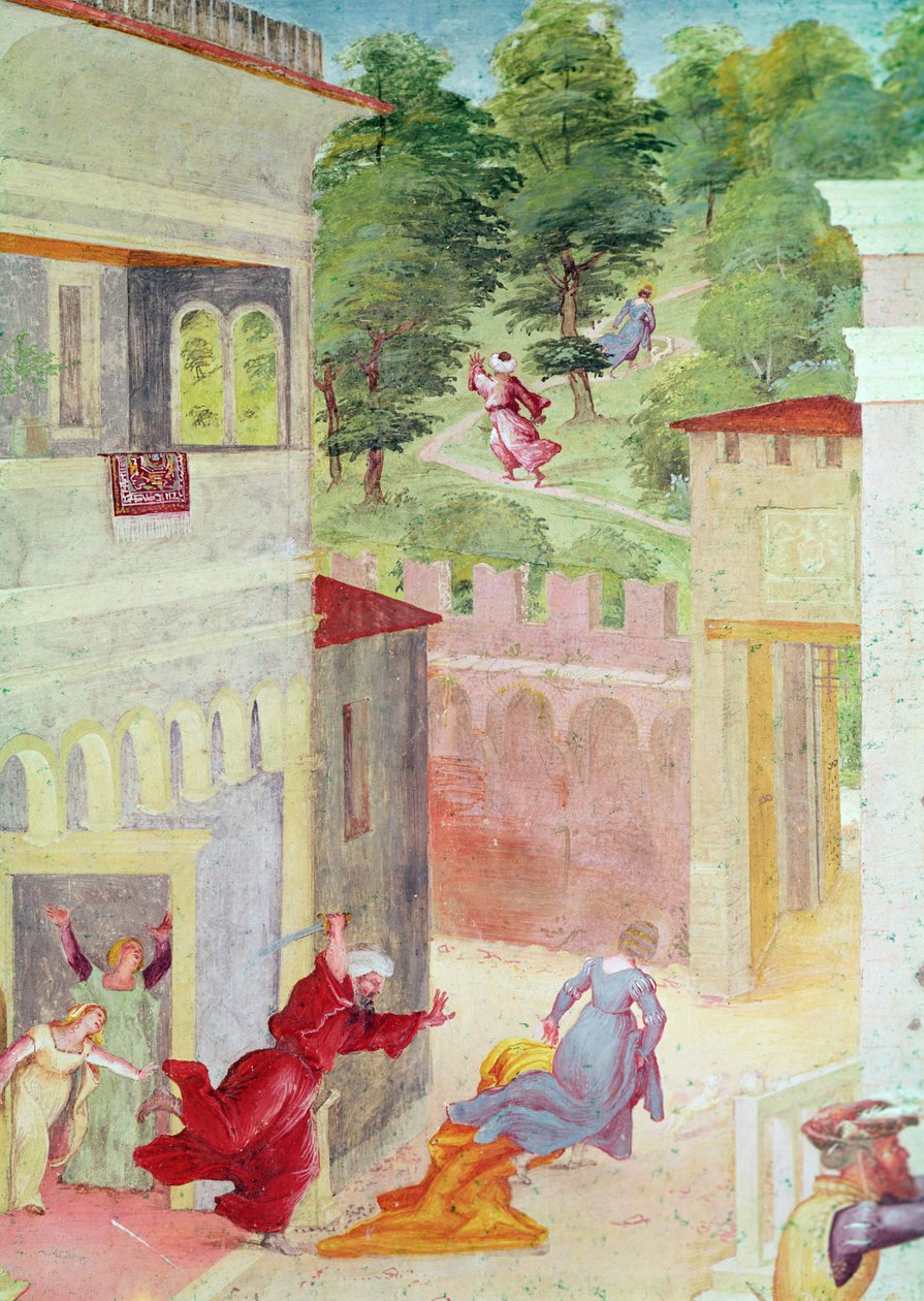 (detalle) Escenas de la vida de Santa Bárbara, Santa Bárbara siendo amenazada por su padre, c.1523-24 de Lorenzo Lotto