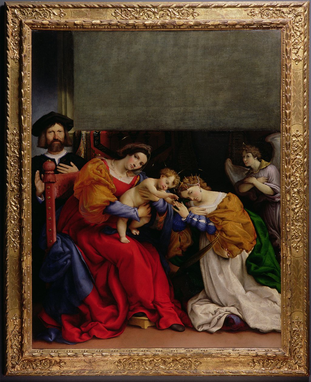 El Matrimonio Místico de Santa Catalina con el patrón Niccolo Bonghi, 1523 de Lorenzo Lotto