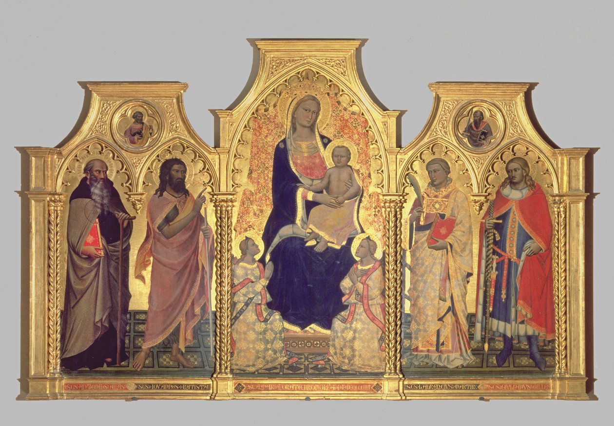 Madonna y Niño con San Antonio Abad, San Juan Bautista, San Lorenzo y San Julián, 1404 de Lorenzo di Niccolo Gerini