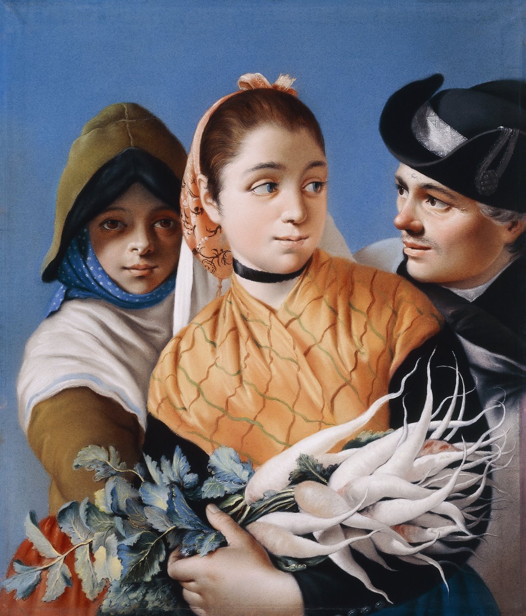 Una niña con un chal naranja sosteniendo nabos, una niña con un sombrero y vestido verde y un caballero con sombrero tricorne negro de Lorenzo Baldissera Tiepolo