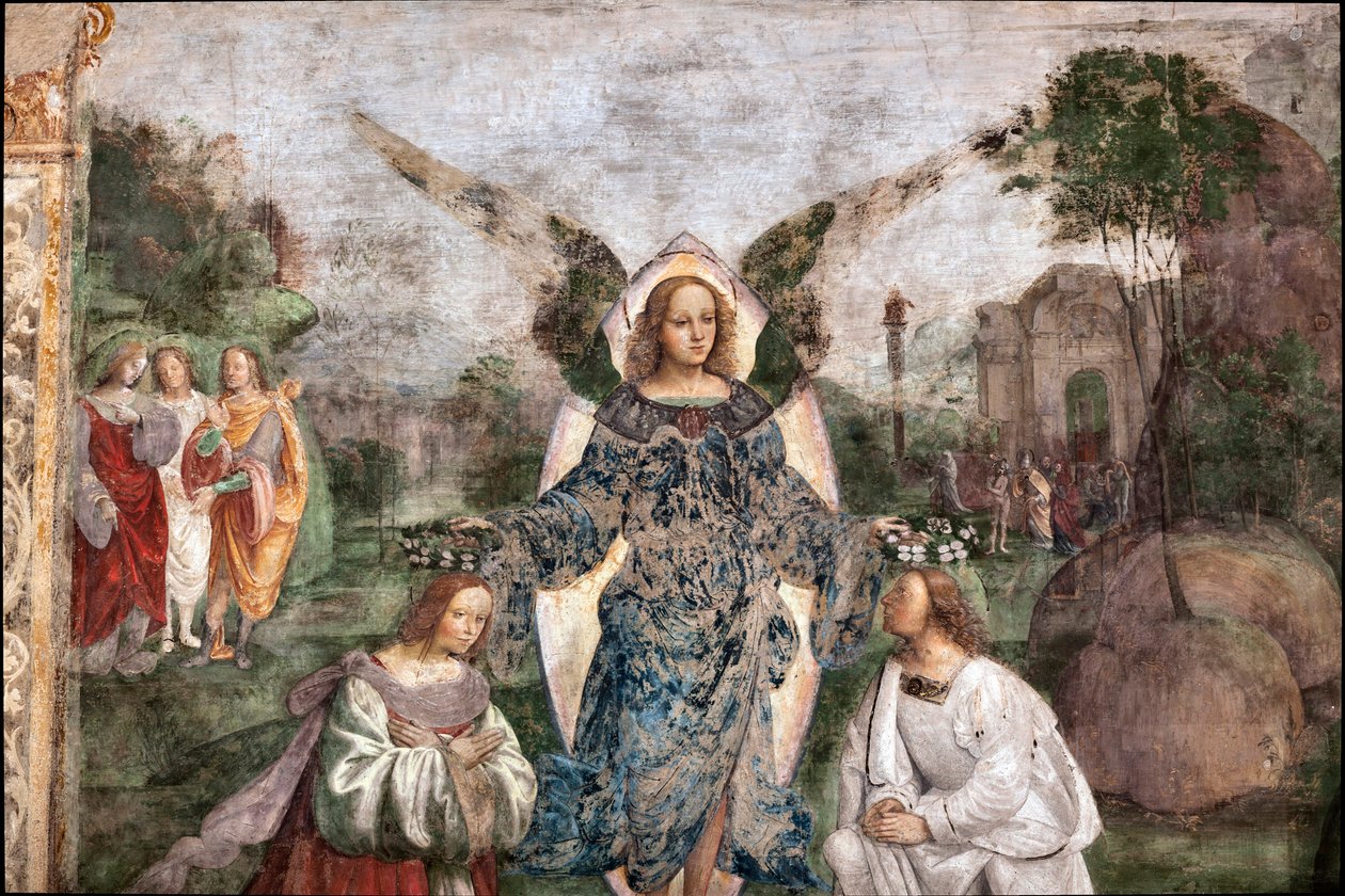 Vida de Santa Cecilia: Valeriano y Cecilia coronados por un ángel (detalle) de Lorenzo Costa