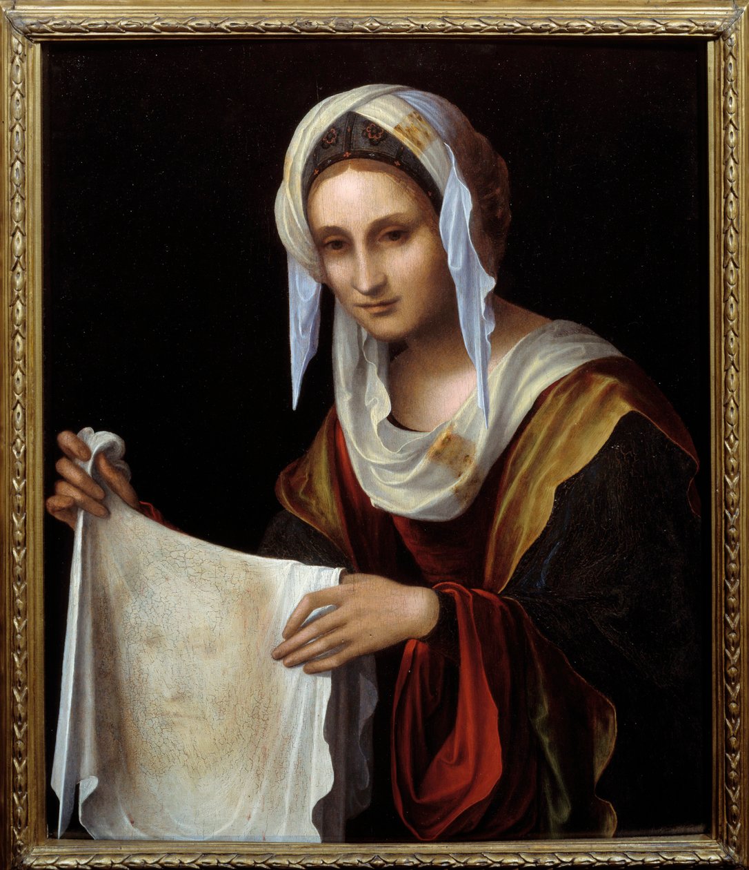 Santa Verónica. El Santo Velo representa el rostro de Cristo cuyo sudor Verónica se dice que limpió durante la subida al Calvario de Lorenzo Costa