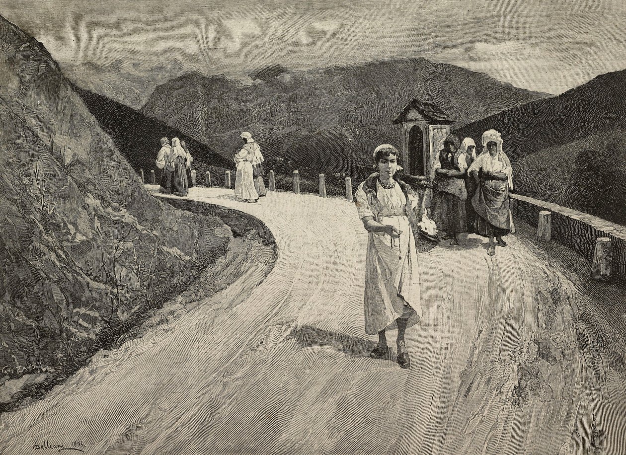 Camino sagrado, peregrina caminando por un sendero, Brera, Exposiciones Unidas, Milán, Italia, grabado de F. Cantagalli a partir de una pintura de Lorenzo Delleani (1840-1908), de L