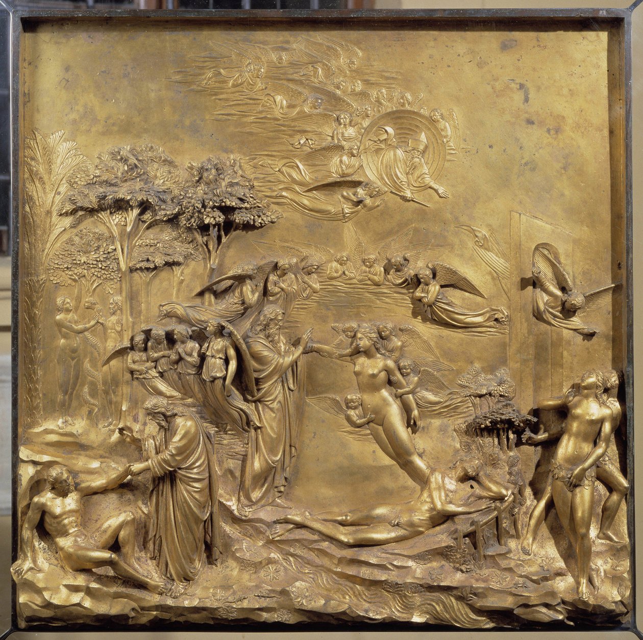 Historia de la vida de Adán: el nacimiento de Adán, la creación de Eva y Adán y Eva expulsados del Paraíso. Panel original de la puerta del Paraíso de Lorenzo Ghiberti