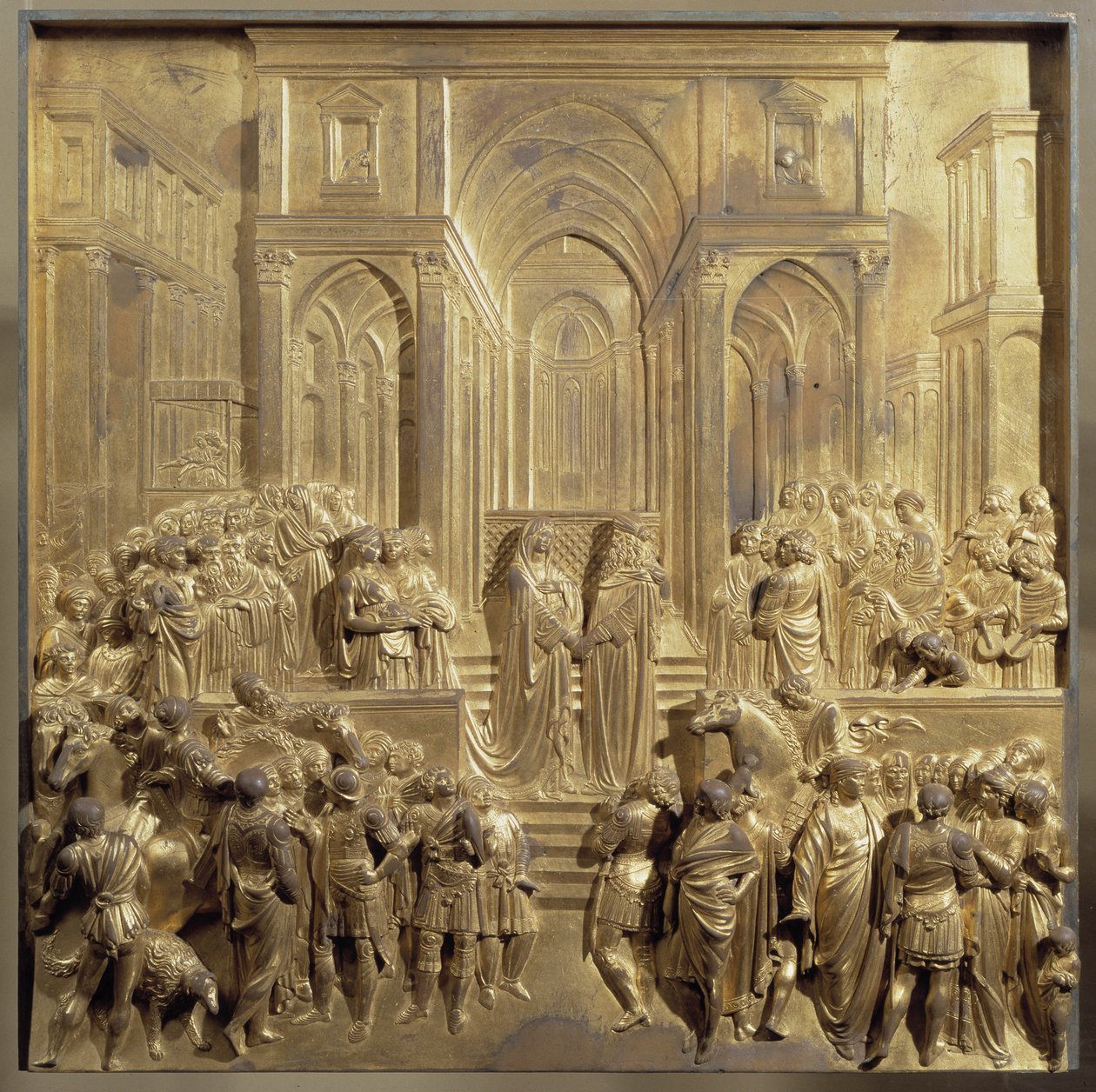 El encuentro del rey Salomón y la reina de Saba. Panel original de la puerta del Paraíso de Lorenzo Ghiberti