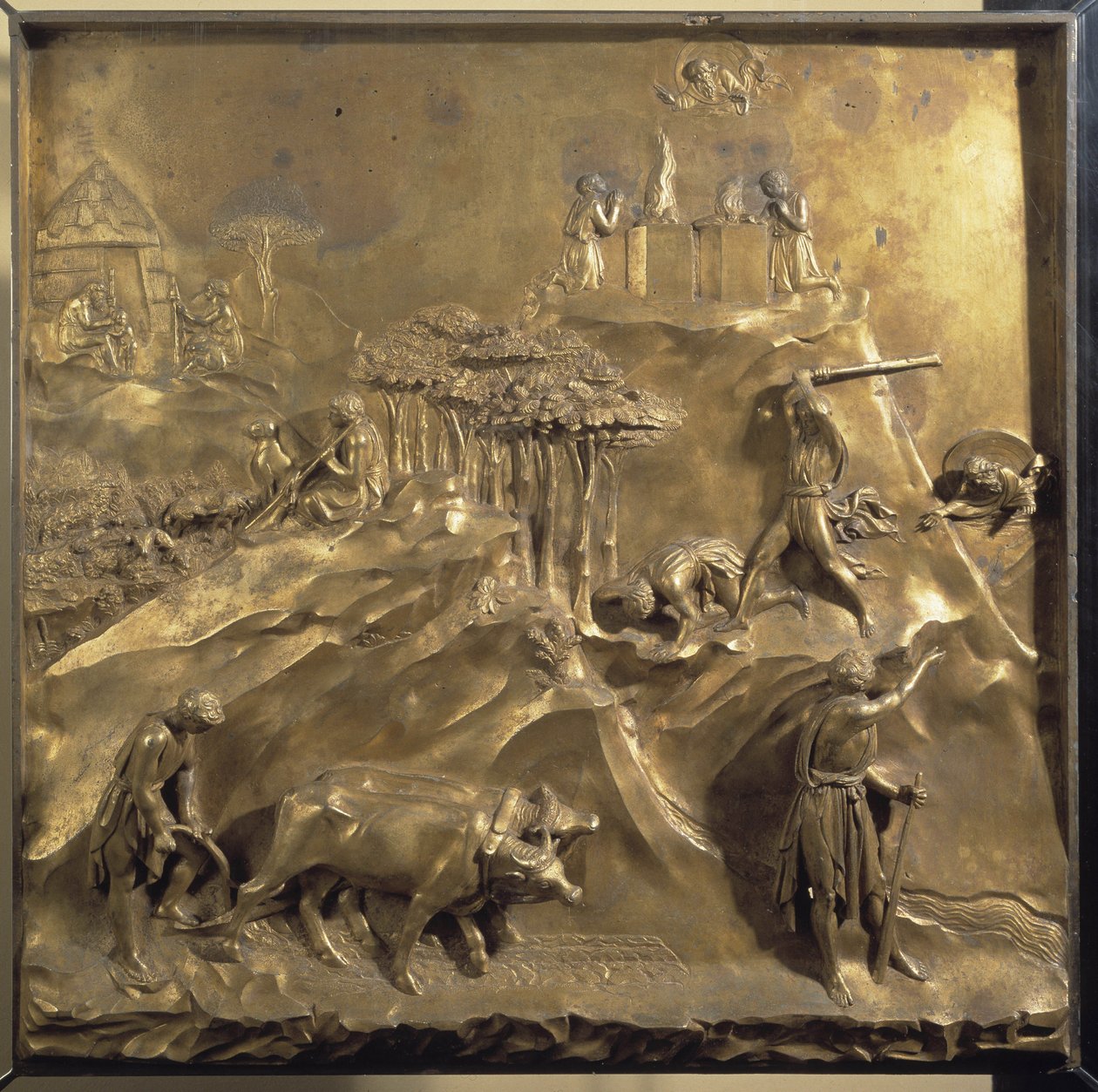 Vida de Caín y Abel: el sacrificio, el asesinato de Abel y Dios desterrando a Caín. Panel original de la puerta del Paraíso de Lorenzo Ghiberti