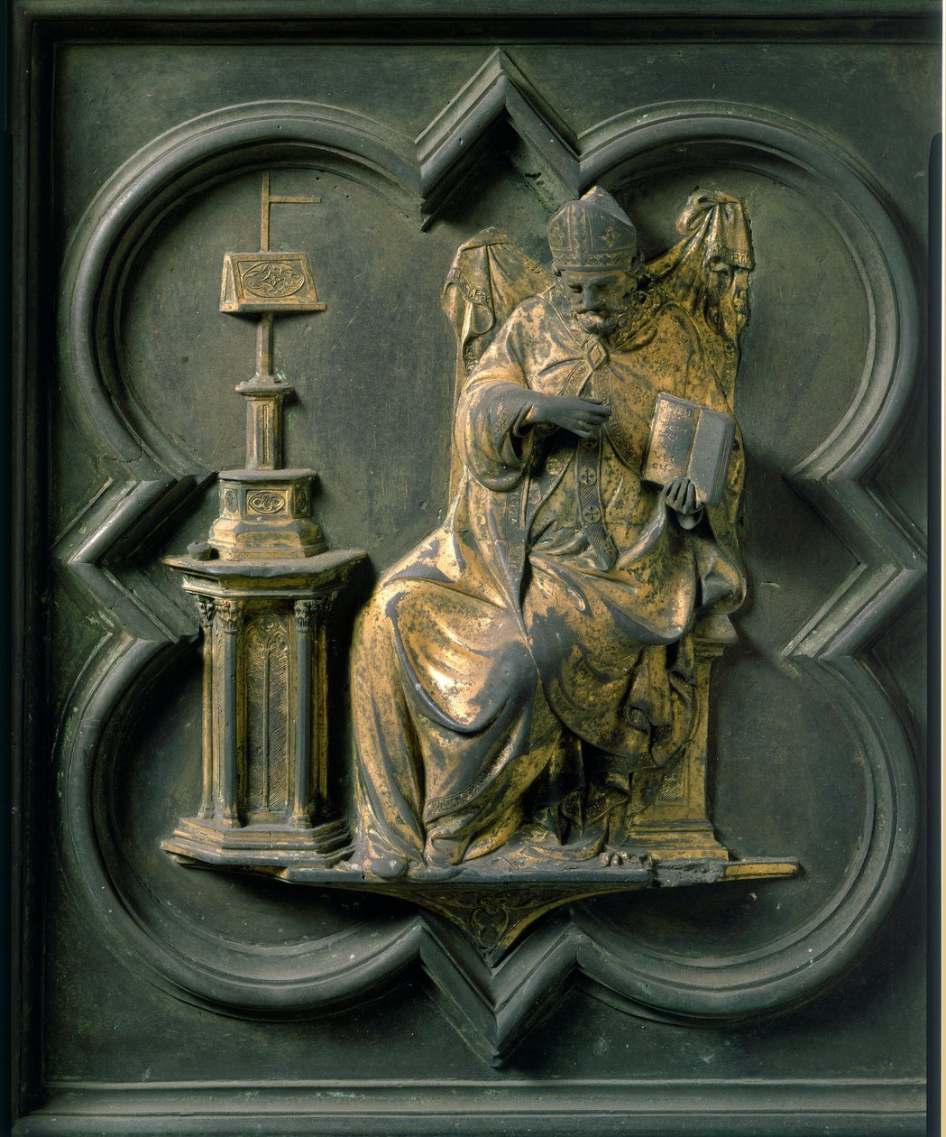 Puerta Norte (llamada Puerta de la Cruz, al Norte), detalle exterior: San Agustín. Escultura de bronce realizada por Lorenzo Ghiberti (1378-1455) de Lorenzo Ghiberti