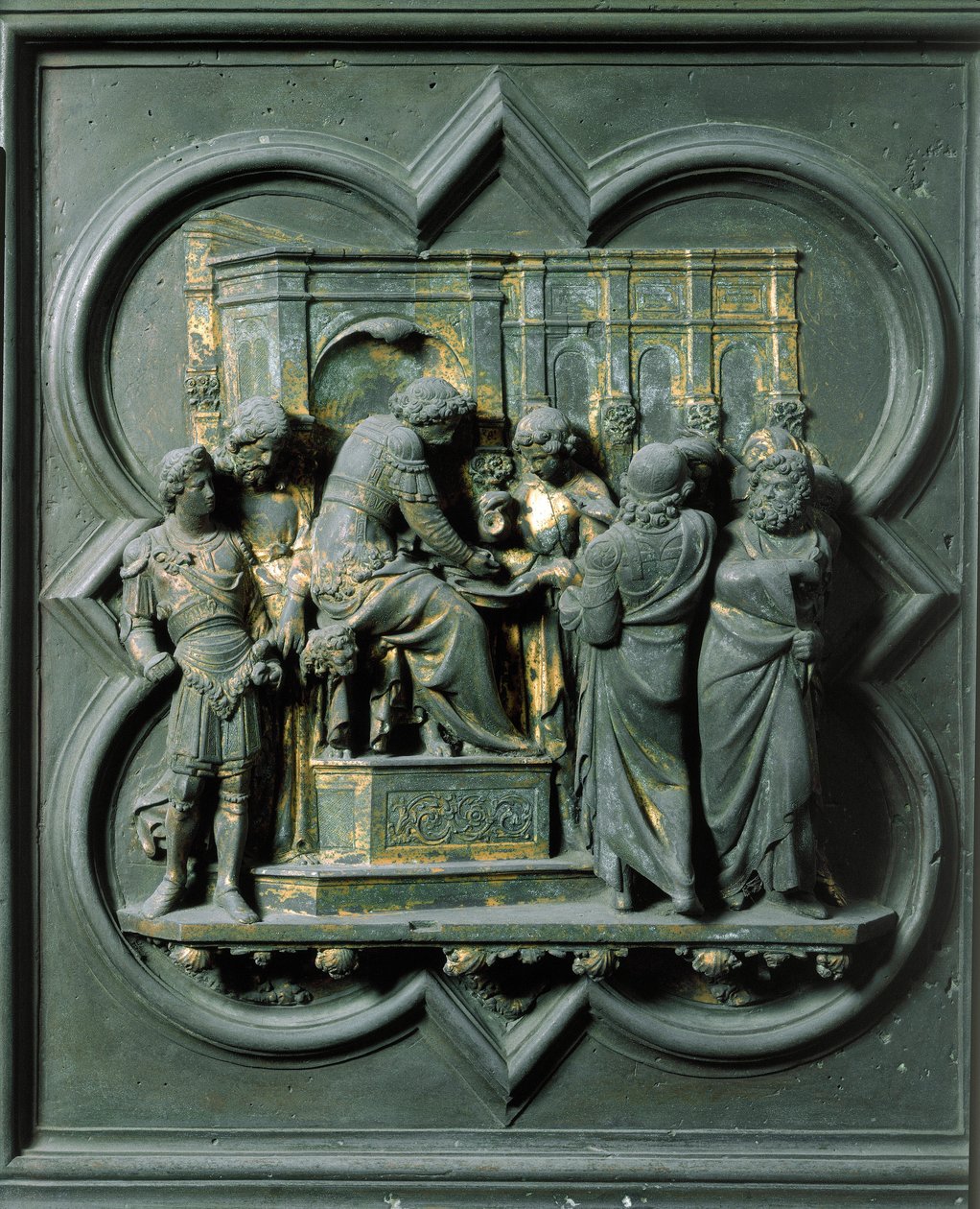 Puerta norte (llamada Puerta de la Cruz, en el norte), detalle exterior: Cristo ante Poncio Pilato. Escultura de bronce hecha por Lorenzo Ghiberti (1378-1455) de Lorenzo Ghiberti