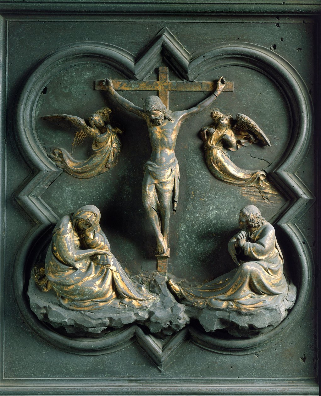 Puerta norte (llamada Puerta de la Cruz, en el norte), detalle exterior: la crucifixión. Escultura de bronce hecha por Lorenzo Ghiberti (1378-1455) de Lorenzo Ghiberti