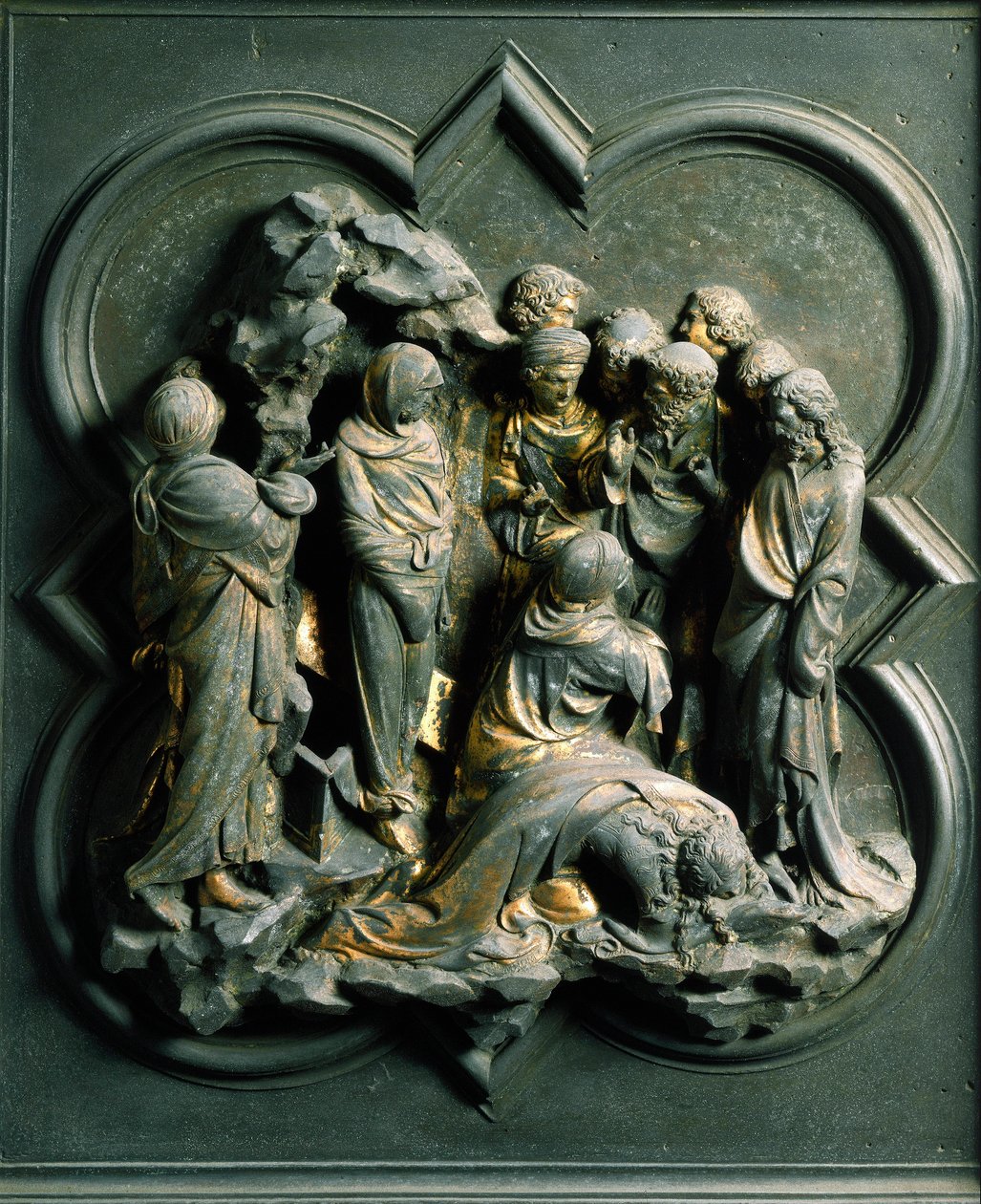 Puerta Norte (llamada Puerta de la Cruz, al Norte), detalle exterior: la resurrección de Lázaro. Escultura de bronce realizada por Lorenzo Ghiberti (1378-1455) de Lorenzo Ghiberti