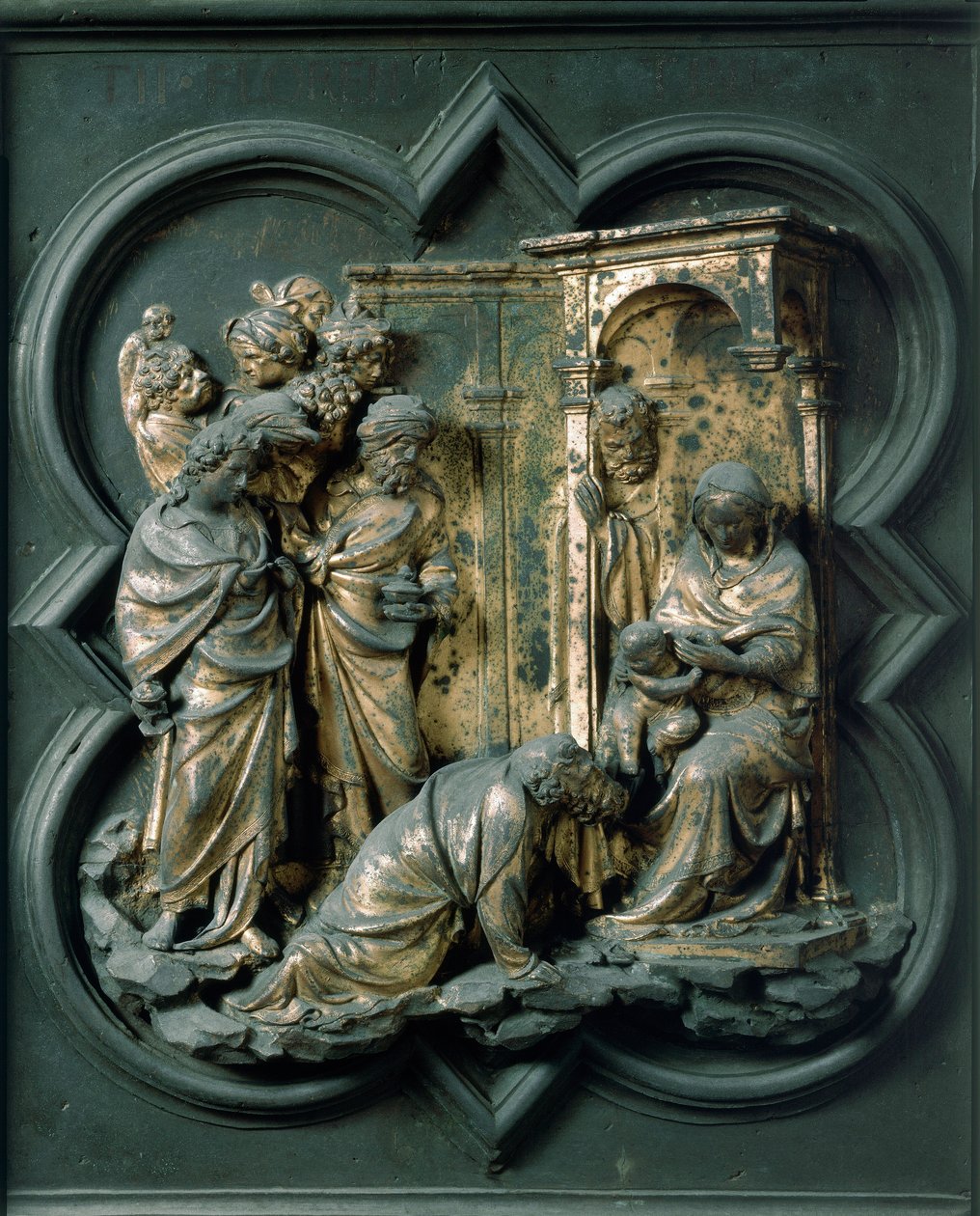 Puerta Norte (llamada Puerta de la Cruz, al norte), detalle exterior: Adoración de los Magos. Escultura de bronce hecha por Lorenzo Ghiberti de Lorenzo Ghiberti