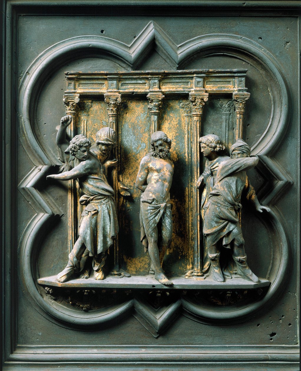 Puerta norte (llamada Puerta de la Cruz, en el norte), detalle exterior: la flagelación. Escultura de bronce hecha por Lorenzo Ghiberti (1378-1455) de Lorenzo Ghiberti