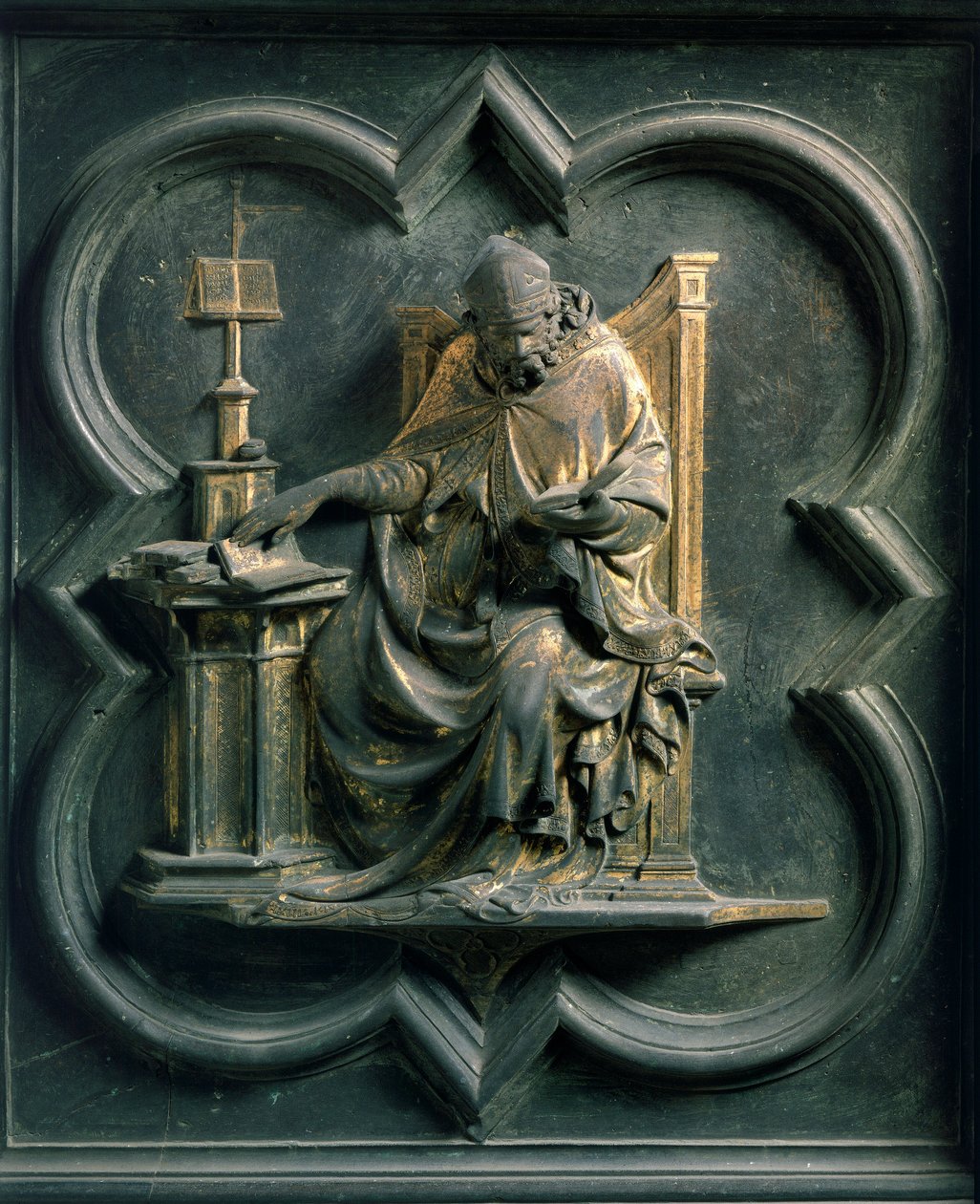 Puerta Norte (llamada Puerta de la Cruz, norte), detalle exterior: San Ambrosio. Escultura de bronce hecha por Lorenzo Ghiberti (1378-1455) de Lorenzo Ghiberti
