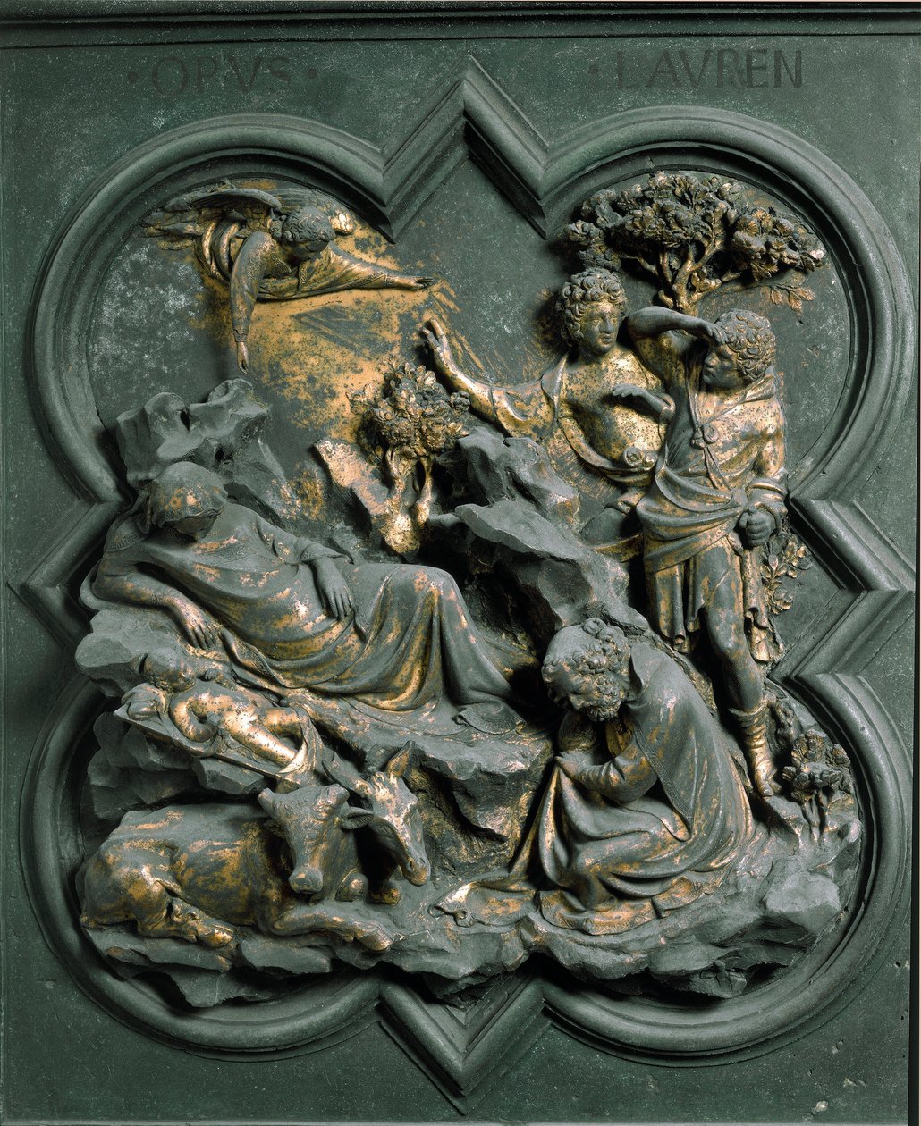 Puerta Norte (llamada Puerta de la Cruz, al Norte), detalle exterior: la Natividad. Escultura de bronce realizada por Lorenzo Ghiberti (1378-1455) de Lorenzo Ghiberti