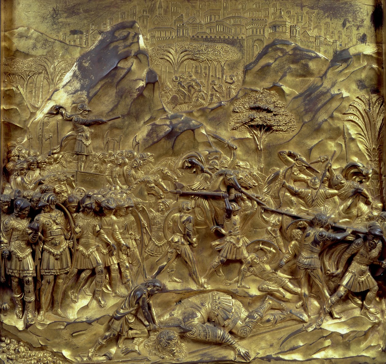 La historia de David y Goliat, uno de los diez paneles de relieve de las Puertas del Paraíso (puertas este), 1425-52 de Lorenzo Ghiberti