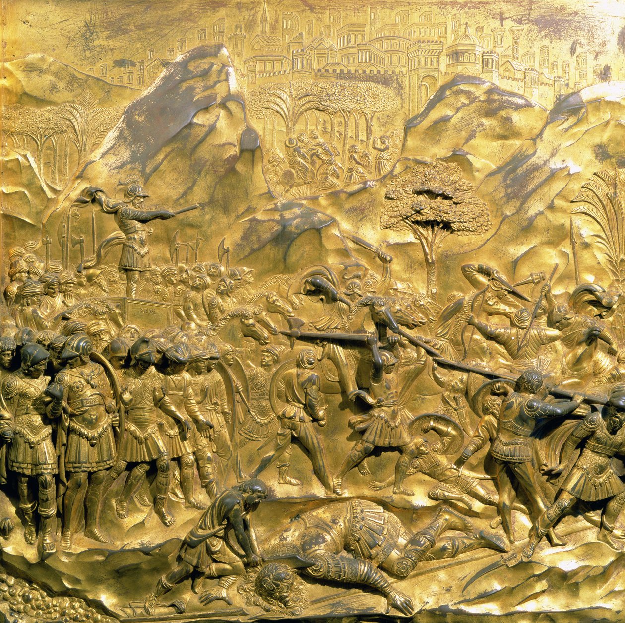 La historia de David y Goliat, panel original de las Puertas del Este del Baptisterio, 1425-52 (post restauración) de Lorenzo Ghiberti