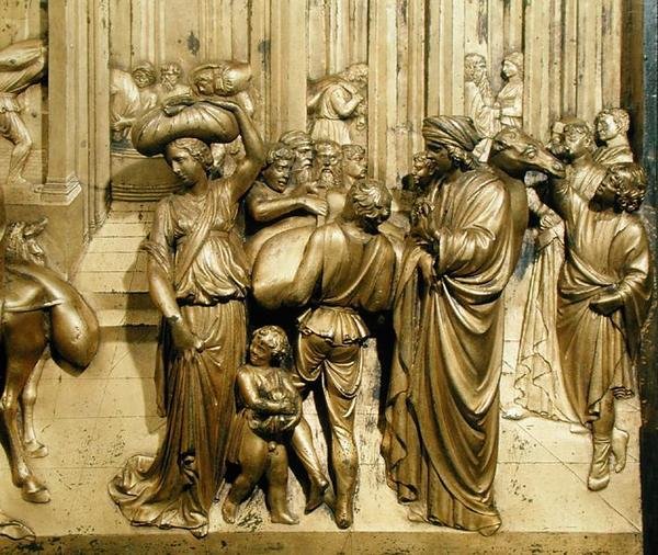 La historia de José, detalle del panel original de las Puertas del Este del Baptisterio de Lorenzo Ghiberti