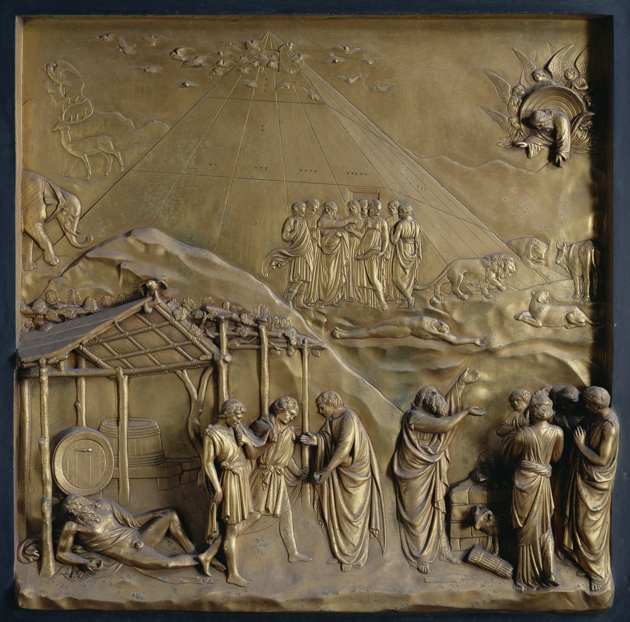 La historia de Noé: el éxodo del arca, la embriaguez de Noé y su sacrificio a Dios, uno de los diez paneles de relieve de las Puertas del Paraíso (puertas este), 1425-52 de Lorenzo Ghiberti
