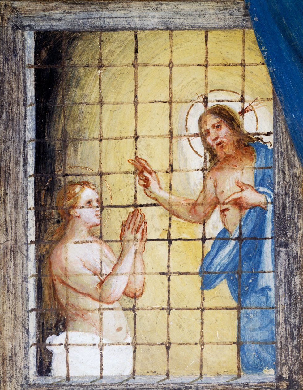 Cristo visitando a Santa Bárbara en prisión y sanándola, (detalle) de Historias de Santa Bárbara de Lorenzo Lotto