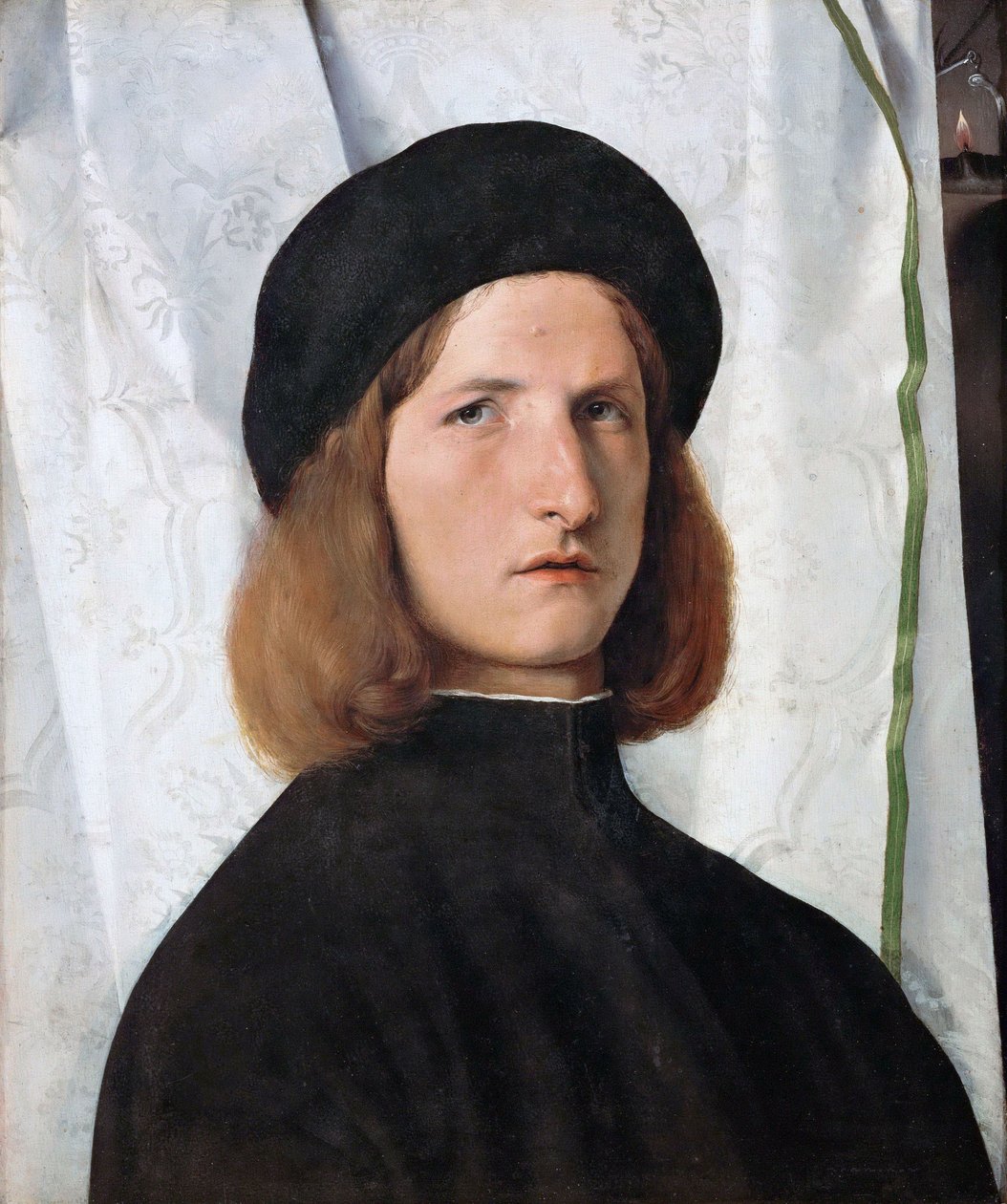 Alemán: Bildnis eines Jünglings vor weißem Vorhang Portrait of a Young Man with a Lamp de Lorenzo Lotto