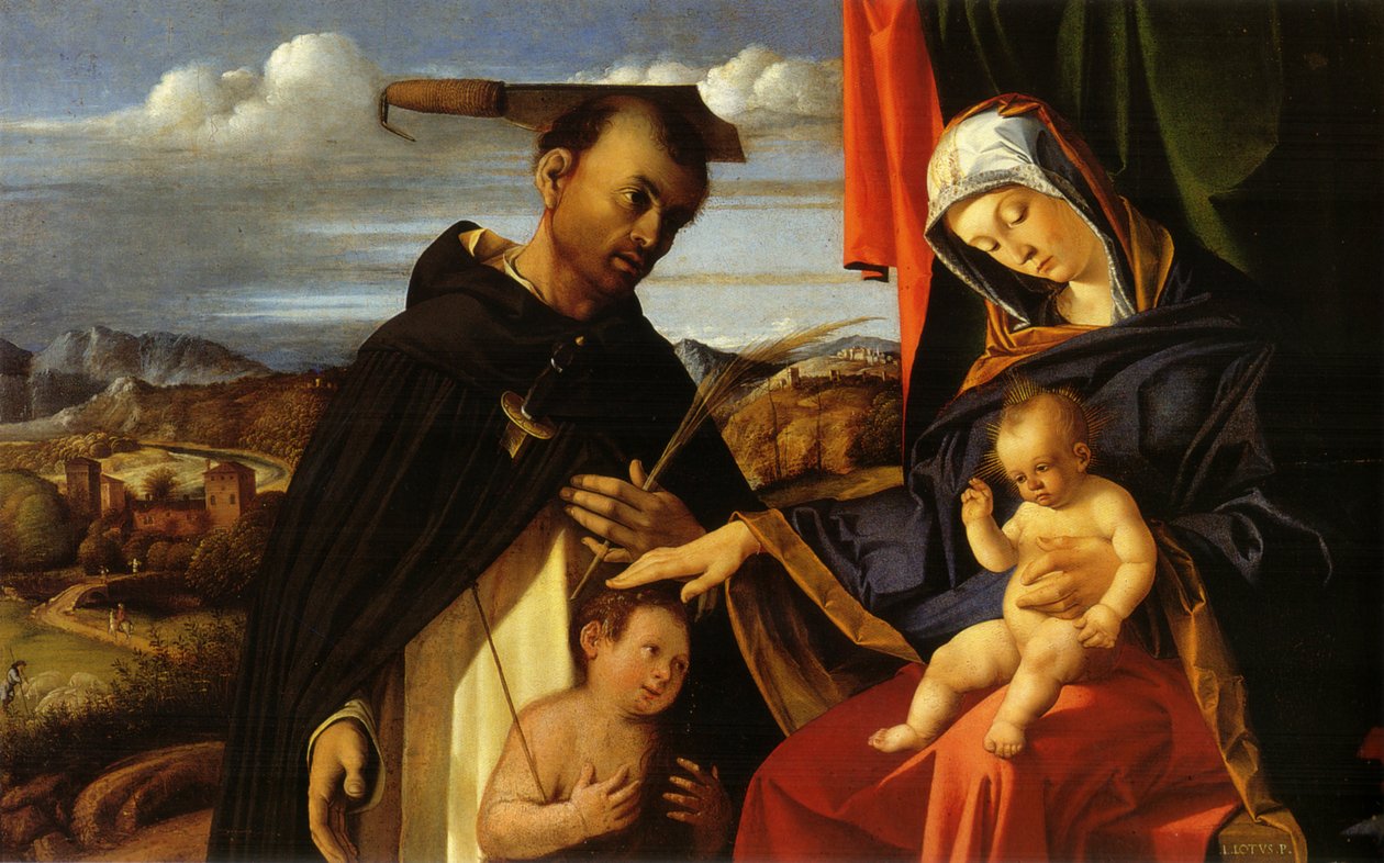 Italiano:  Madonna col Bambino e San Pietro Martire Madonna y el Niño con el joven San Juan Bautista y San Pedro Mártir de Lorenzo Lotto