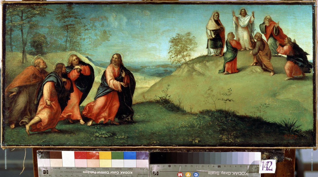 Cristo conduciendo a los apóstoles al monte Tabor. Lugar de la transfiguración de Cristo ubicado en Israel. Pintura de Lorenzo Lotto (1480-1556) de Lorenzo Lotto