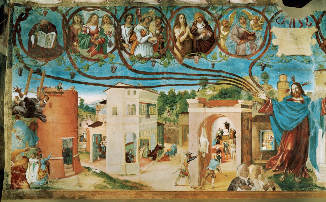 Lado izquierdo de la Capella Suardi, Iglesia Santa Bárbara de Bérgamo ... (pintura mural) de Lorenzo Lotto