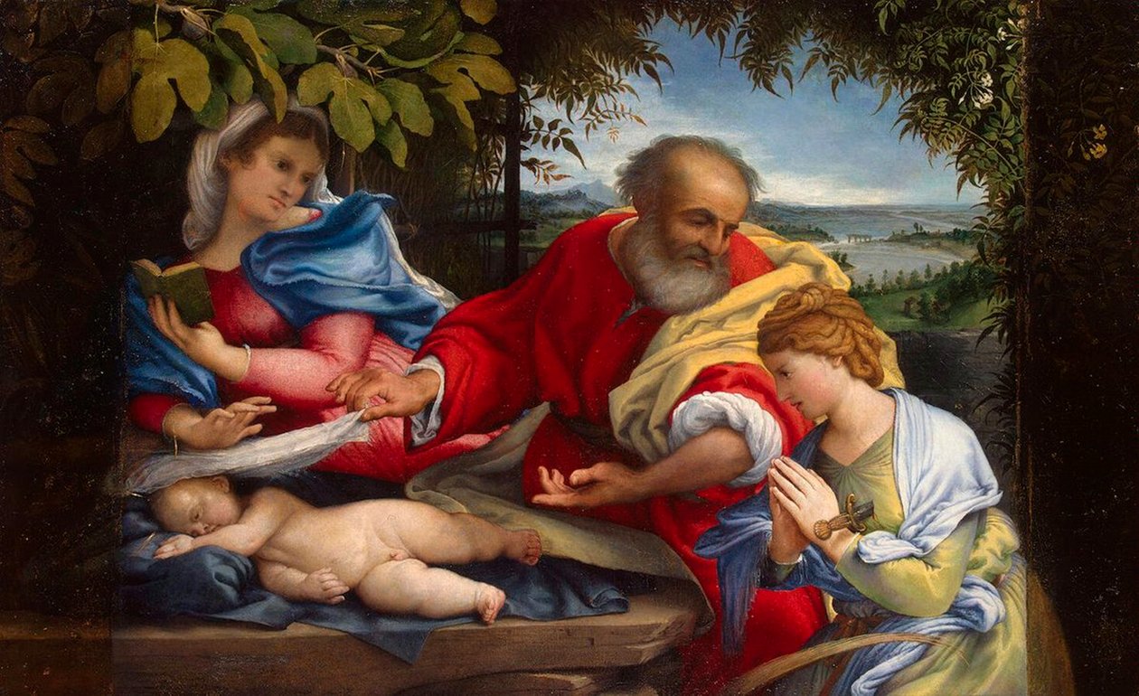 Descanso en la huida a Egipto con Santa Justina de Lorenzo Lotto
