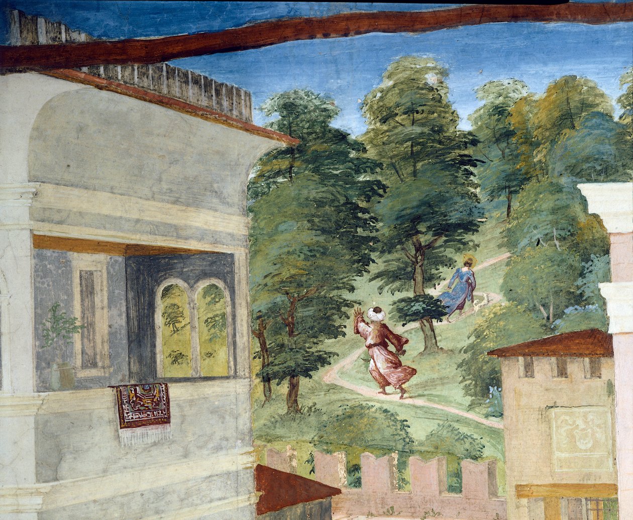 Santa Bárbara siendo perseguida por el bosque, Cristo-Vid y Leyenda de Santa Bárbara por Lorenzo Lotto (detalle) de Lorenzo Lotto