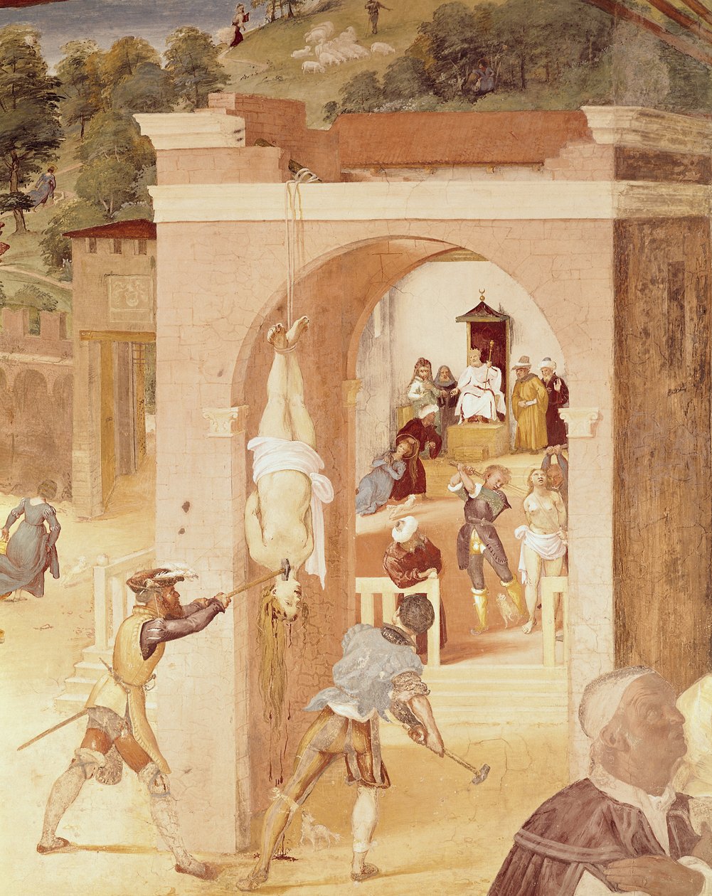 Escenas de la vida de Santa Bárbara, detalle de Santa Bárbara entregada al prelado romano, Marciano, y luego torturada, 1523-24 de Lorenzo Lotto