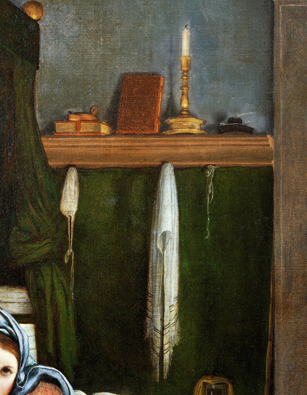 Estante con candelabro y libros (detalle) de Lorenzo Lotto