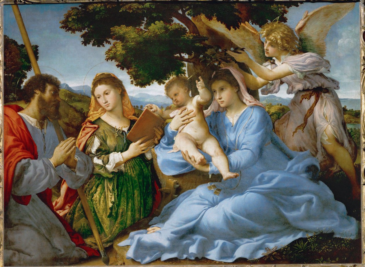 Virgen con el Niño y Santa Catalina de Alejandría y Santiago el Mayor (pintura sobre lienzo) de Lorenzo Lotto