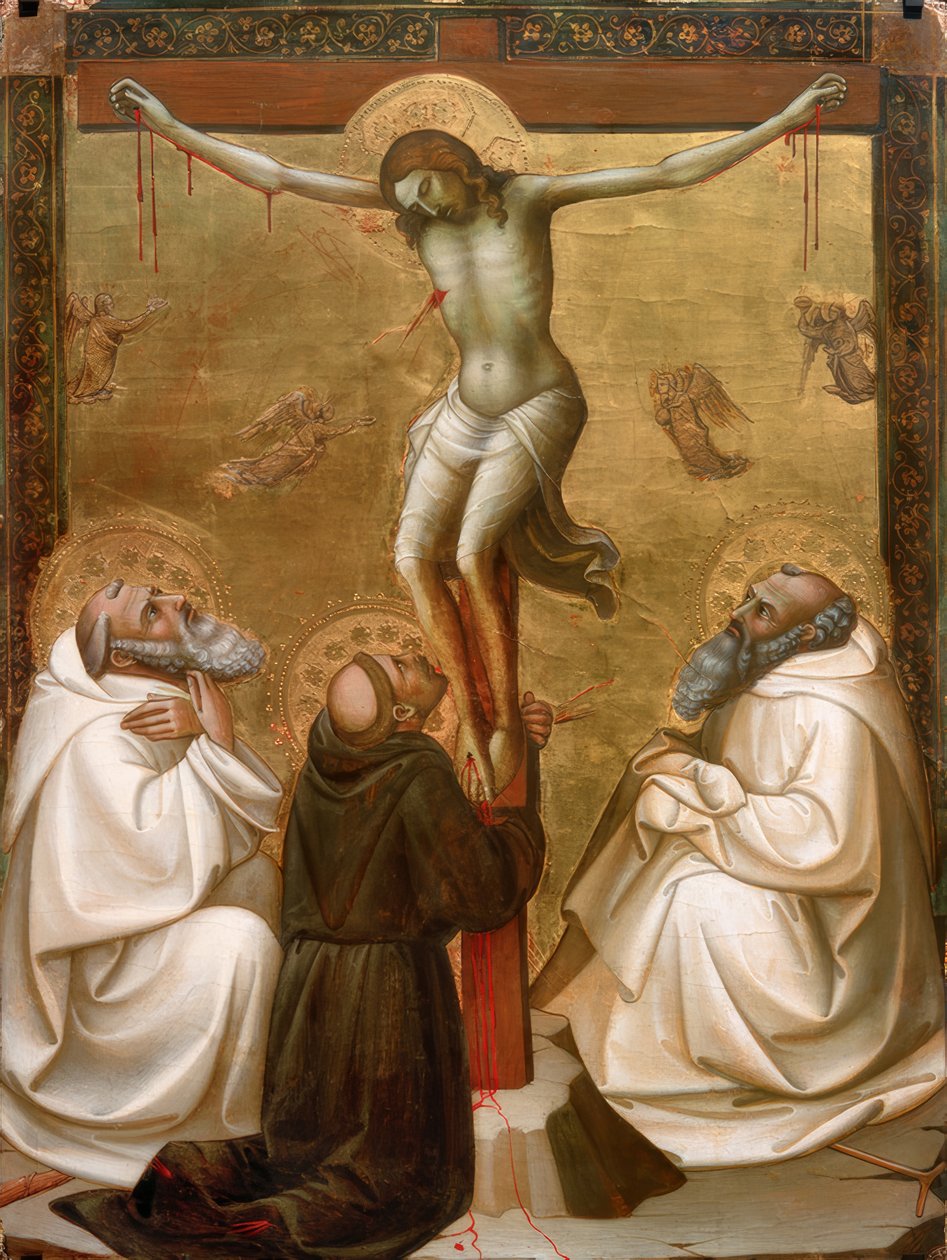 Cristo en la cruz con los santos Benito, Francisco y Romualdo de Lorenzo Monaco