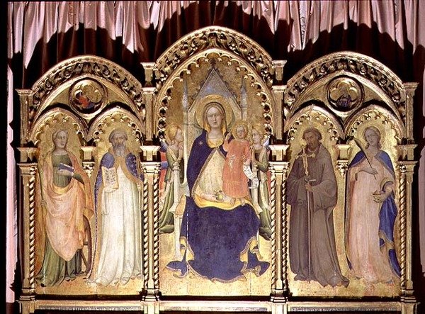 Madonna y el Niño entronizados con SS. Lucía, Juan Gualberto, Benito y Catalina, políptico 1413 de Lorenzo Monaco