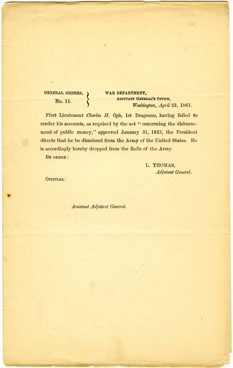 Órdenes Generales, No. 11, Departamento de Guerra, Oficina del Ayudante General, Washington, 23 de abril de 1861 de Lorenzo Thomas