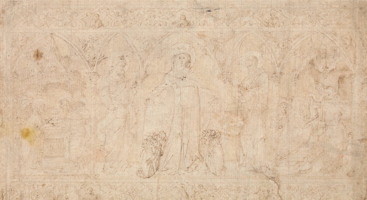 Diseño para un antipendio: La Madonna della Misericordia con San Juan Bautista de Lorenzo Veneziano.