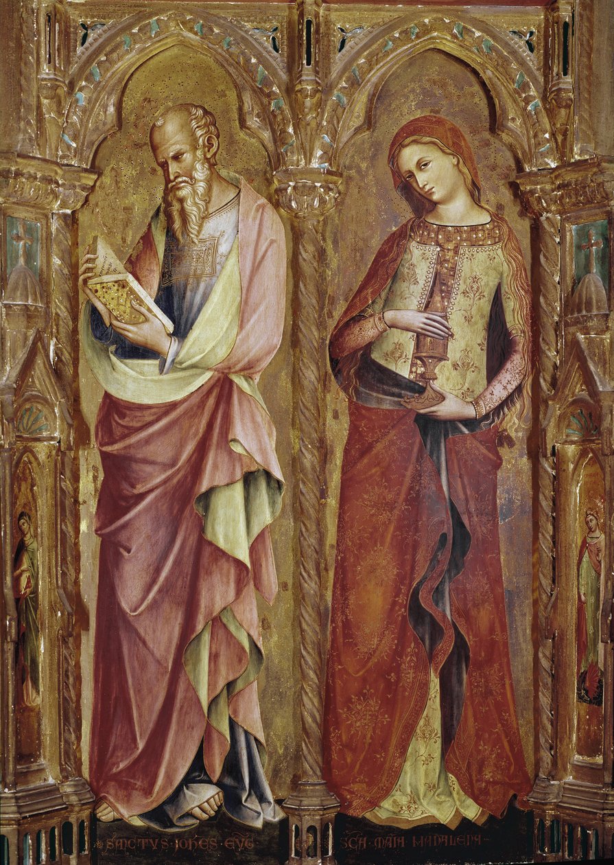 San Juan Evangelista y Santa María Magdalena - Detalle del políptico de la Anunciación (1357, temple y pan de oro sobre madera) de Lorenzo Veneziano
