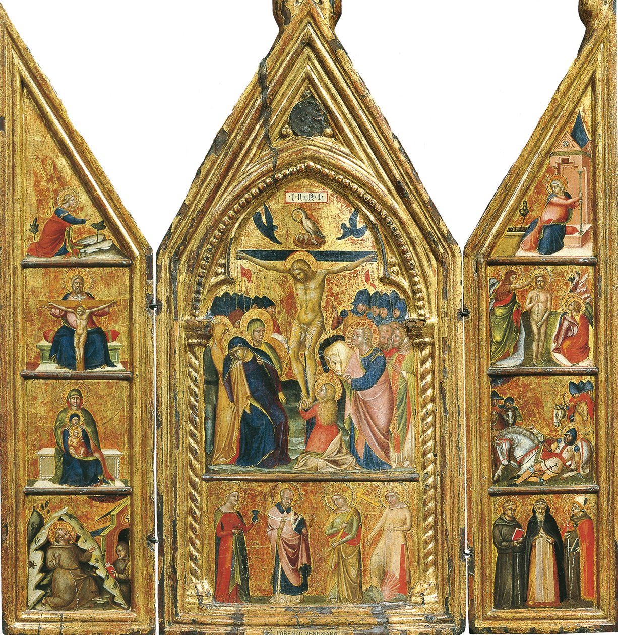 Tríptico portátil con una crucifixión central de Lorenzo Veneziano