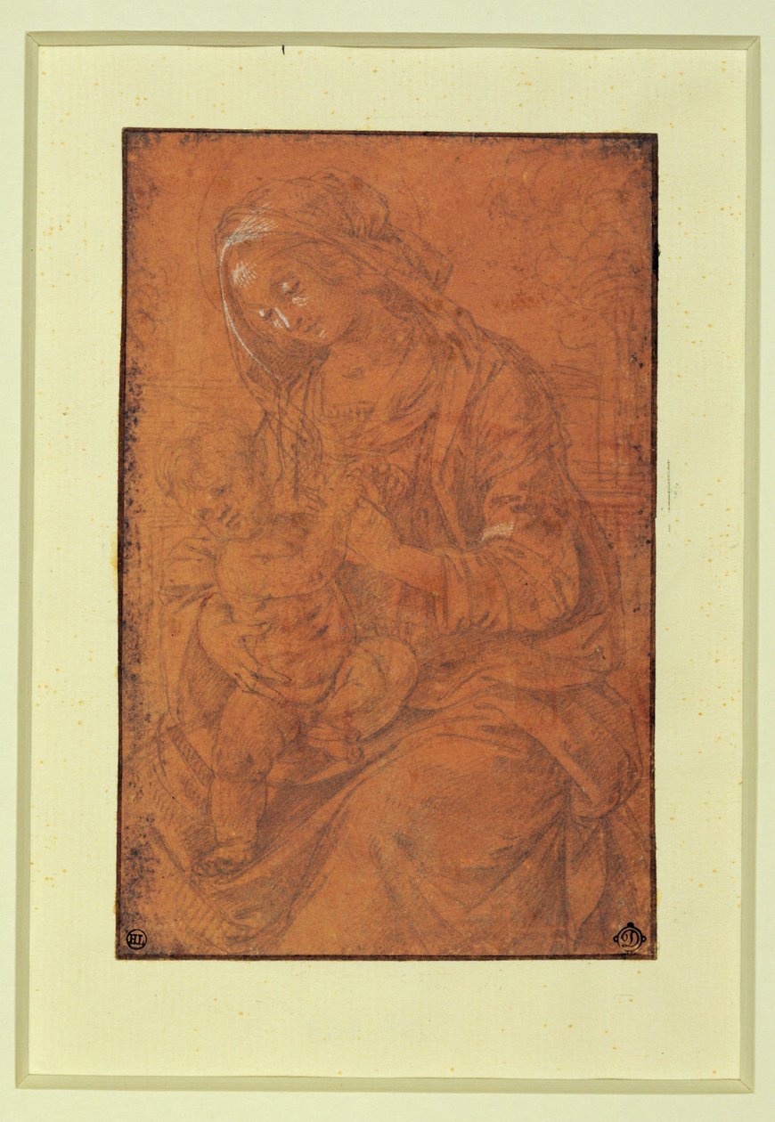 Madonna. Plumín plateado, realzado en blanco sobre papel rosa salmón ... de Lorenzo di Credi