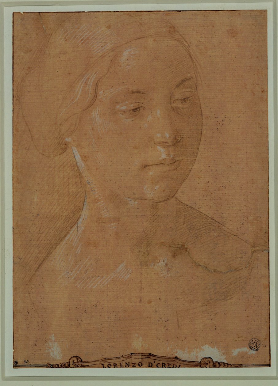 Retrato de mujer, cara de tres cuartos, pelo recogido en una red ... de Lorenzo di Credi