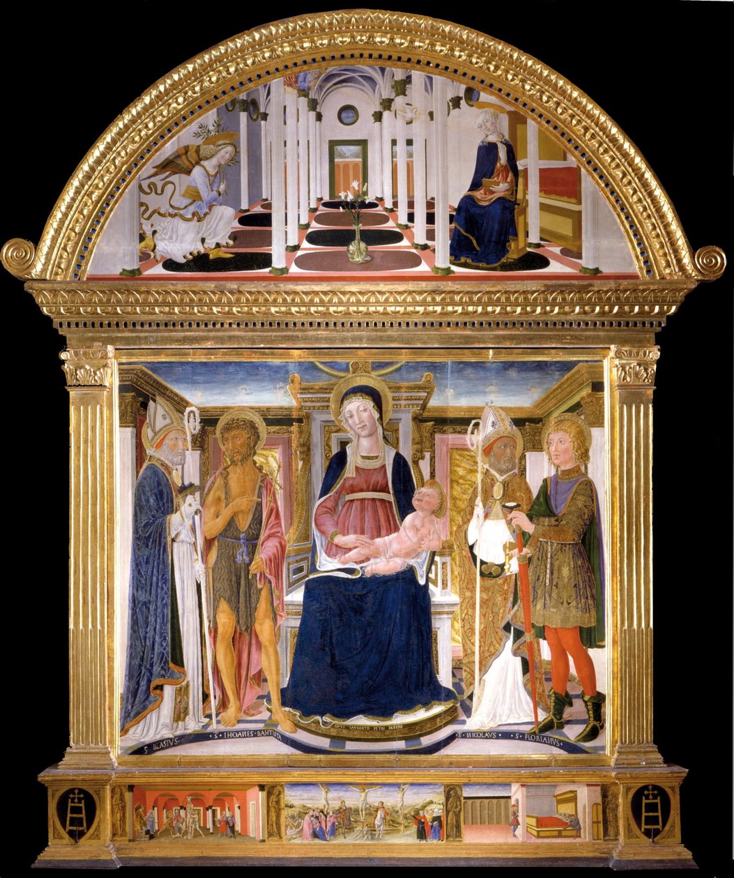 Madonna con Niño y Santos Blas, Juan el Bautista, Nicolás y Florian. La Anunciación, 1462 de Lorenzo di Pietro
