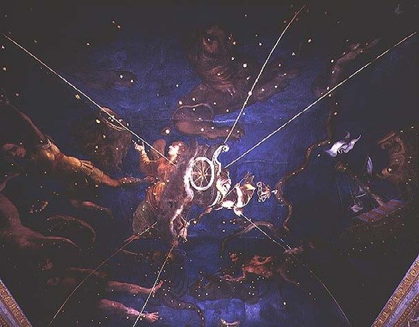 La diosa Diana en su carro rodeada de representaciones de los signos del zodiaco de la Sala dello Zodiaco de Lorenzo the Younger Costa