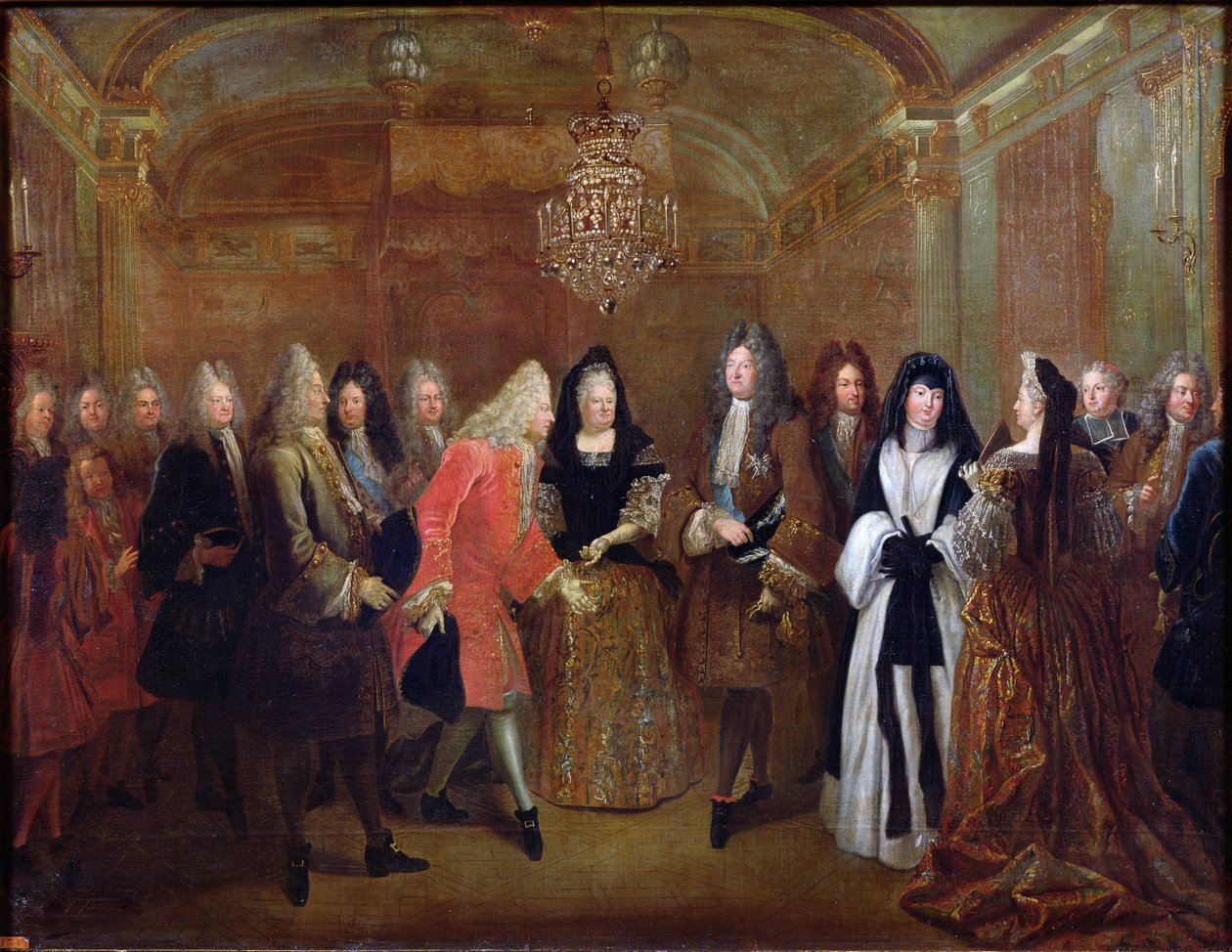 Luis XIV (1638-1715) da la bienvenida al Elector de Sajonia, Federico Augusto II (1670-1733) en Fontainebleau, 27 de septiembre de 1714, 1715 de Louis de Silvestre
