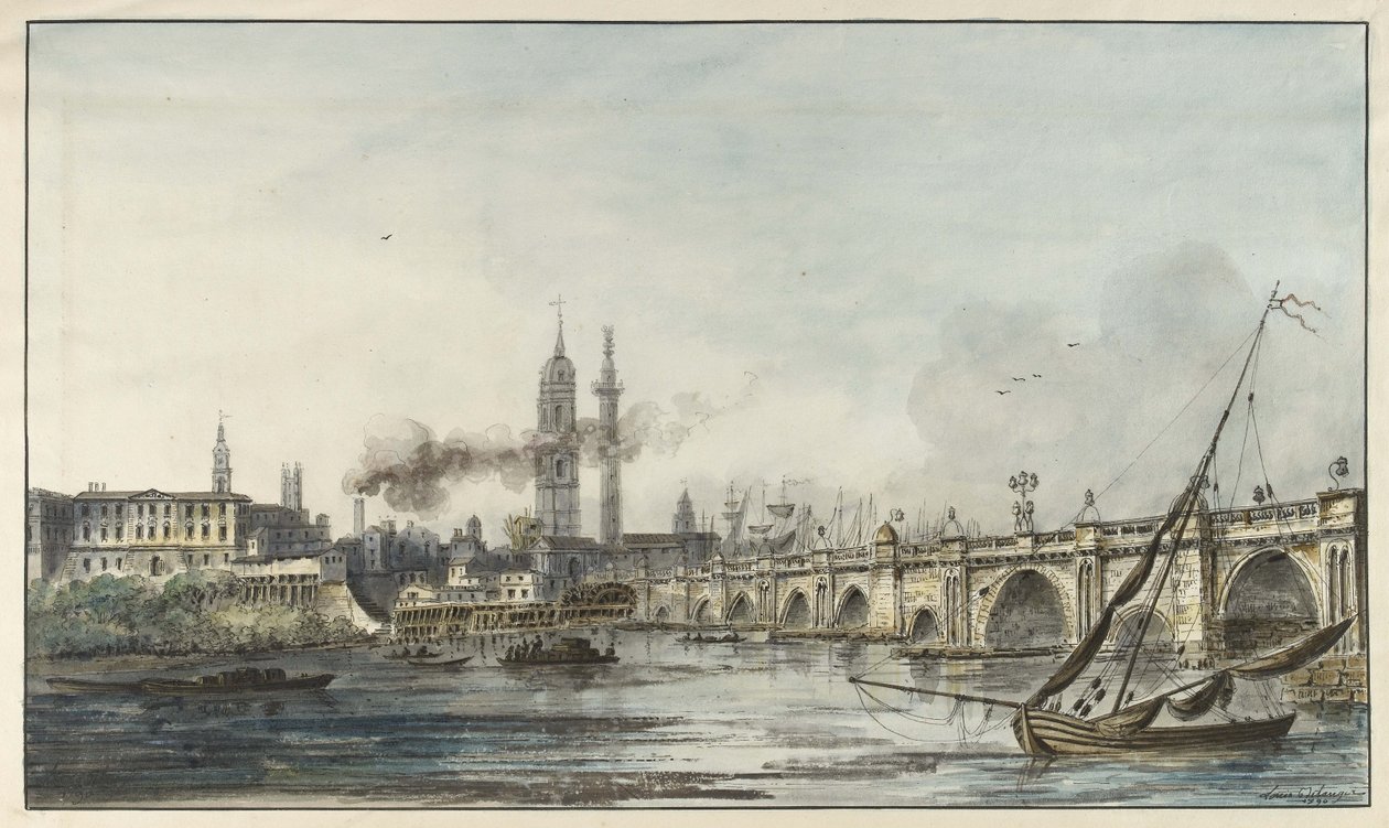 Vista a través del Támesis hacia la Iglesia de San Magnus y el Monumento con el Puente de Londres a la derecha de Louis Bélanger