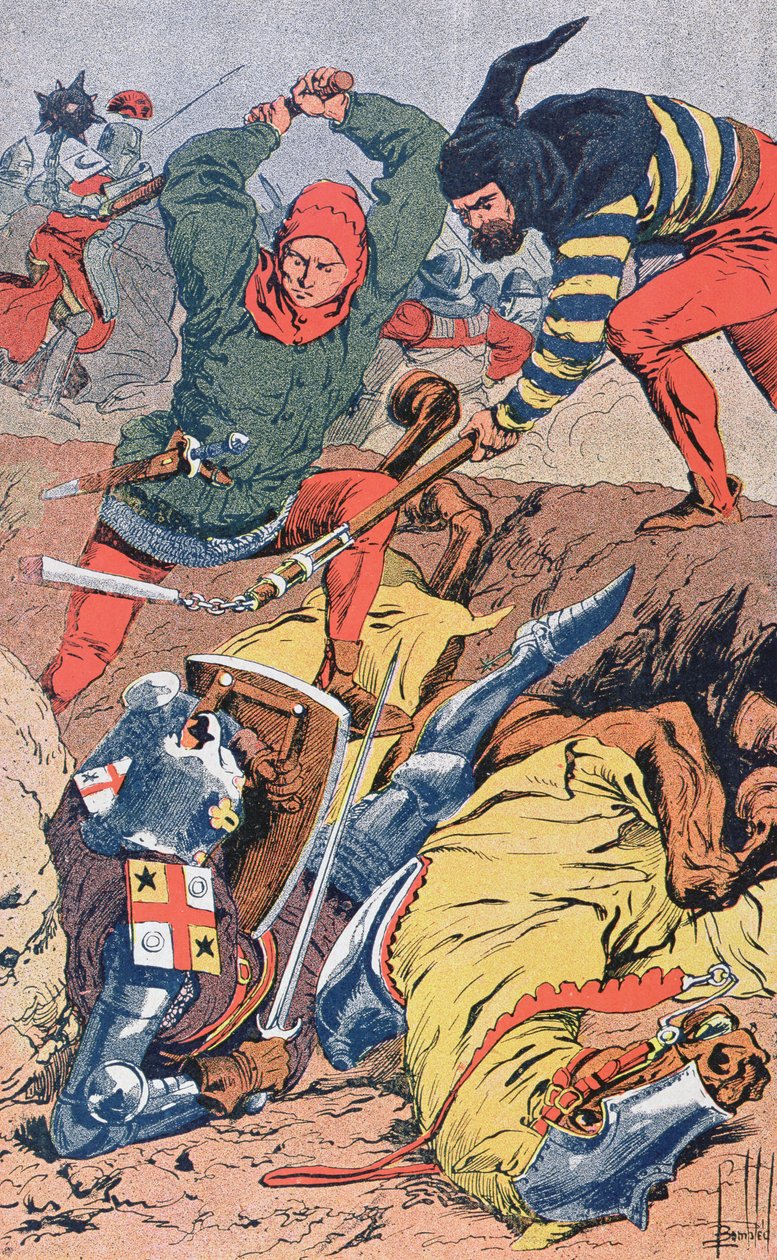 Ciudadanos flamencos, luchando a pie, derrotan a los caballeros franceses bien armados y montados en la Batalla de las Espuelas de Oro cerca de Courtrai en 1302, c.1900 de Louis Charles Bombled