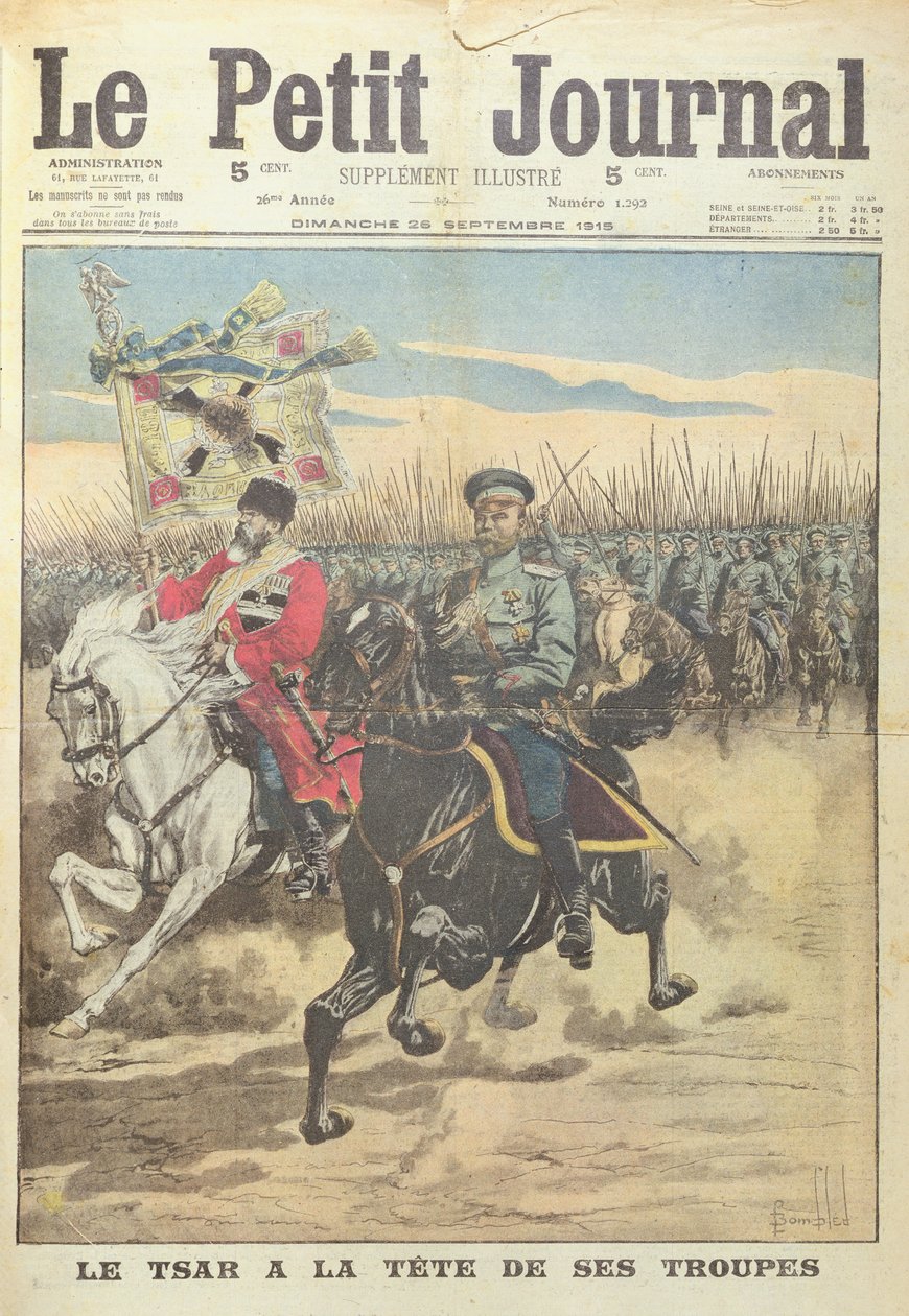 El zar Nicolás II de Rusia al frente de sus tropas, ilustración de portada de 