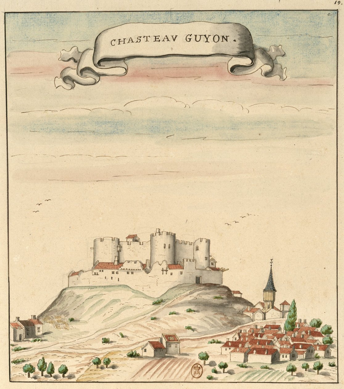 Dibujo del castillo y del pueblo de Châtel-Guyon (hacia 1450) inspirado en Guillaume Revel, L