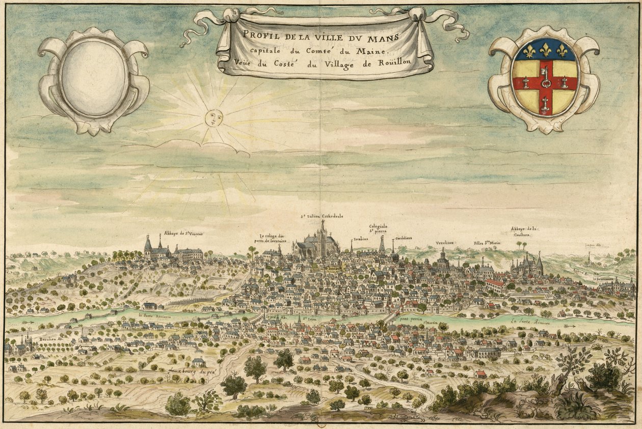 Perfil de la ciudad de Le Mans, capital del Condado de Maine. Vista desde el lado del pueblo de Rouillon de Louis Boudan