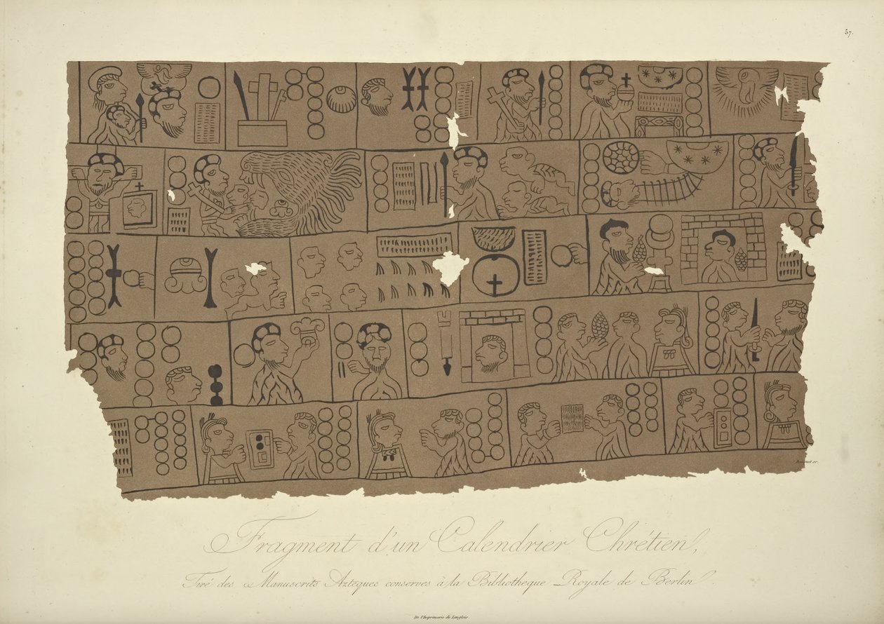 Fragmento de un calendario cristiano, dibujado de un manuscrito azteca en la Biblioteca Estatal de Berlín, ilustración de Vues des Cordillères et Monumens des Peuples Indigènes de l