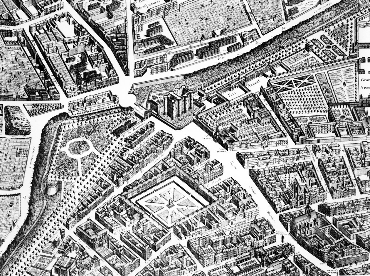 La Bastilla, la Place Royale ahora Place des Vosges y la Rue Saint-Antoine (detalle) de Louis Bretez